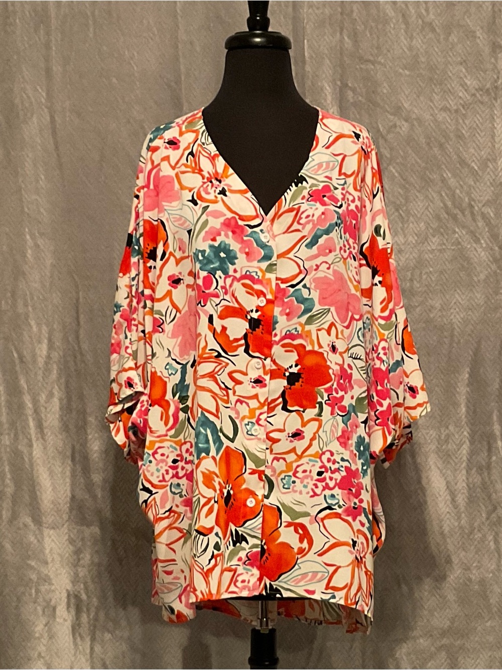 Floral Print V-Neck Dolman Sleeve Top - Pink & Orange